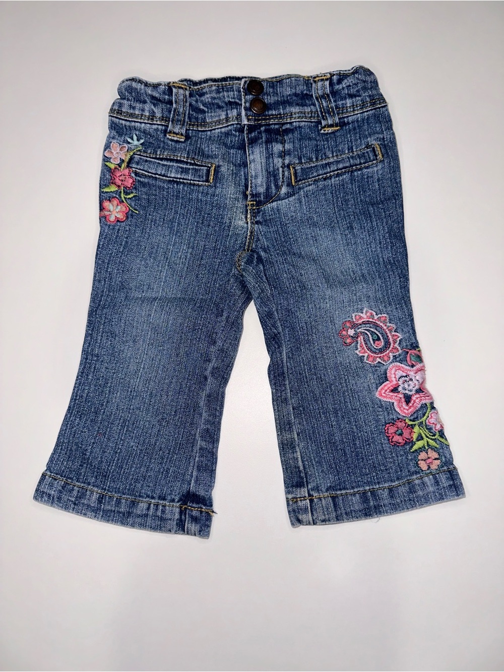 Y2K Cherokee Girls Blue Floral Embroidered Denim Jeans Size 12 Months